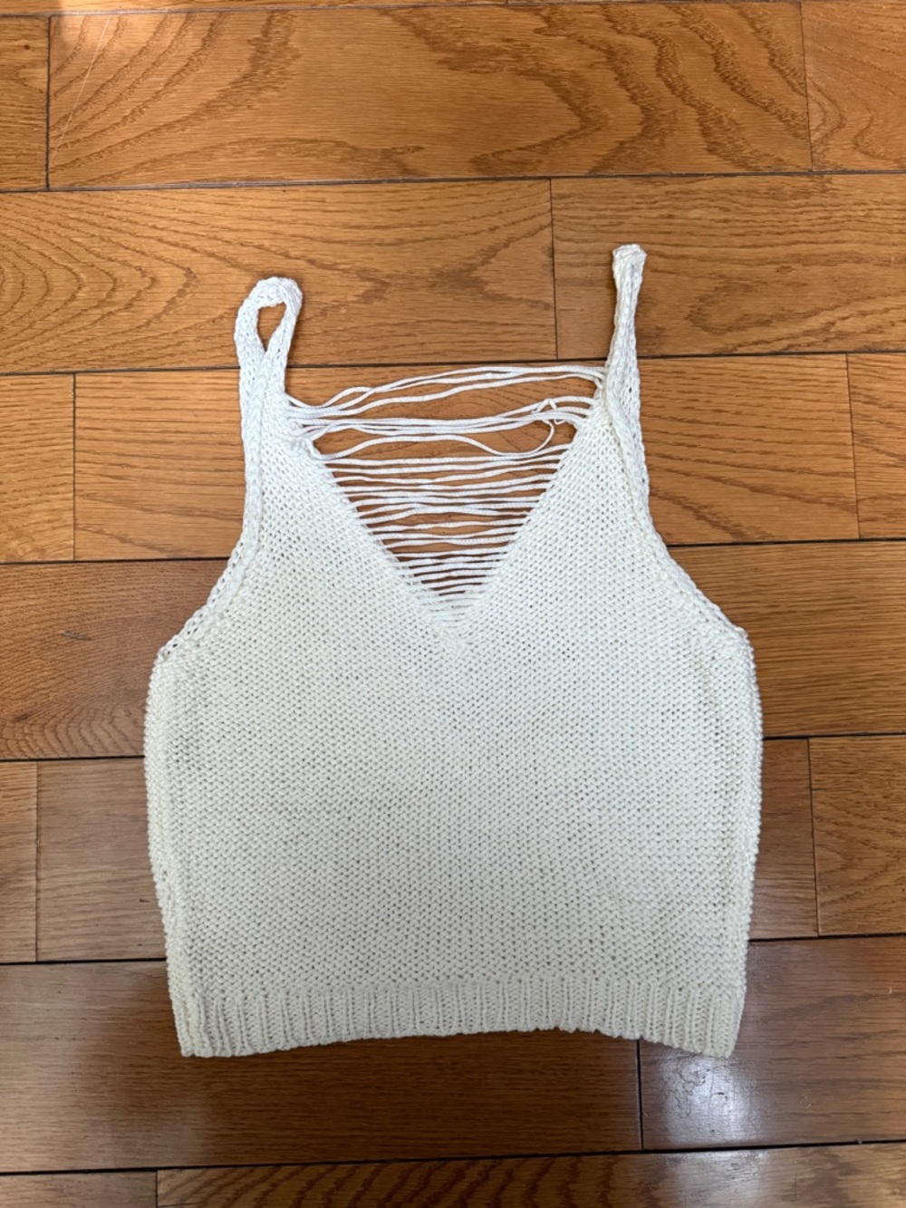 Cream Knit Fringe V-Neck Crop Tank Top